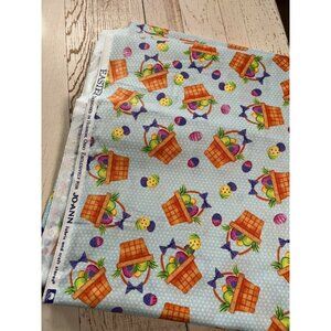 Fabric - OOP Tossed Easter Egg Baskets on Pastel Blue Polkadots Cotton Sold‎ BTY